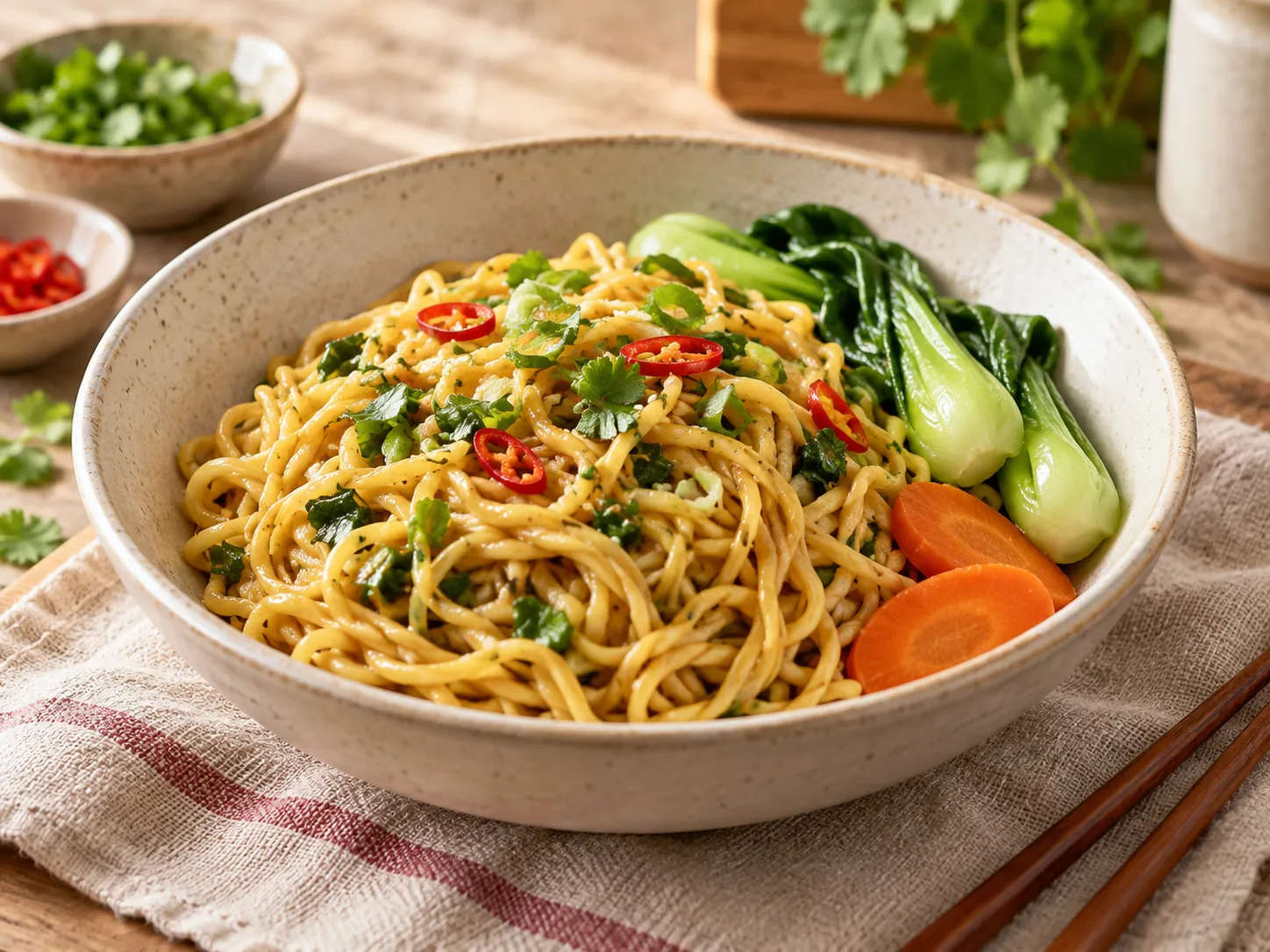 Egg noodles with flecks of green vegetable, served with bok choy and carrot.
