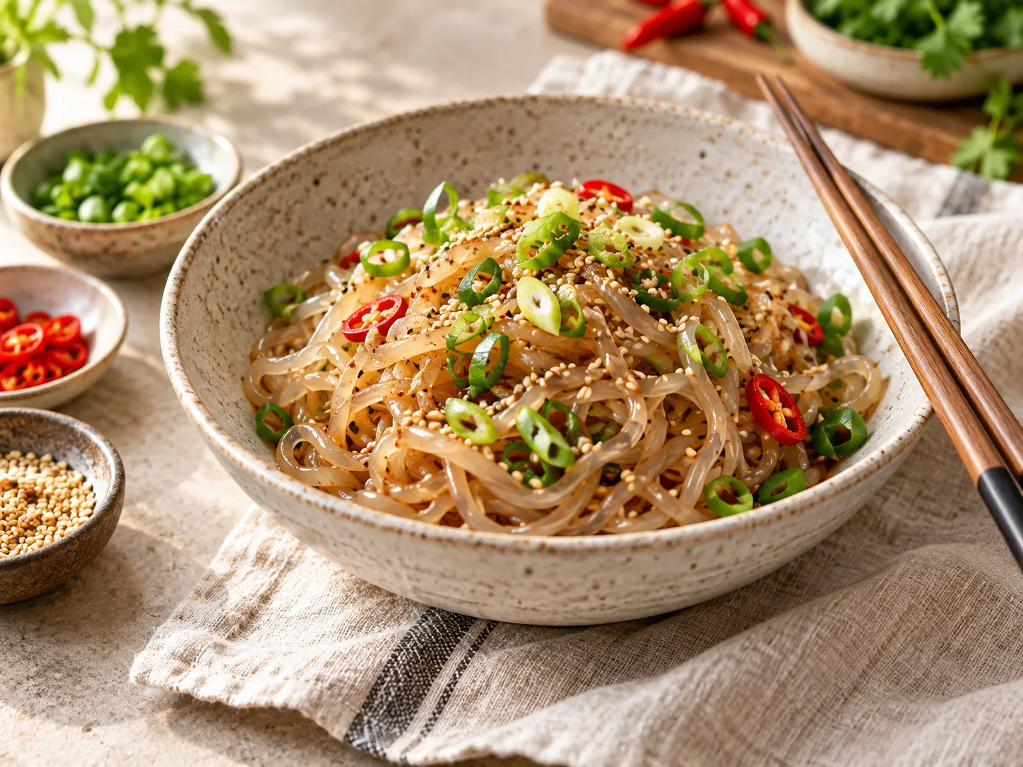 A bowl of glossy konjac noodles with spring onion and sesame.