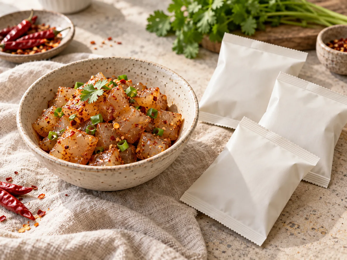 Seasoned konjac bites in a bowl beside small single-serve pouches.