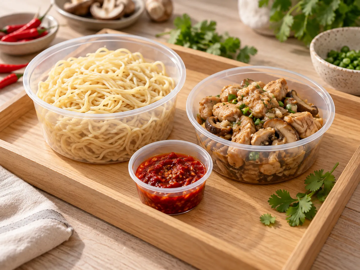 Noodles, a chicken and mushroom topping and sambal arranged together on a tray.