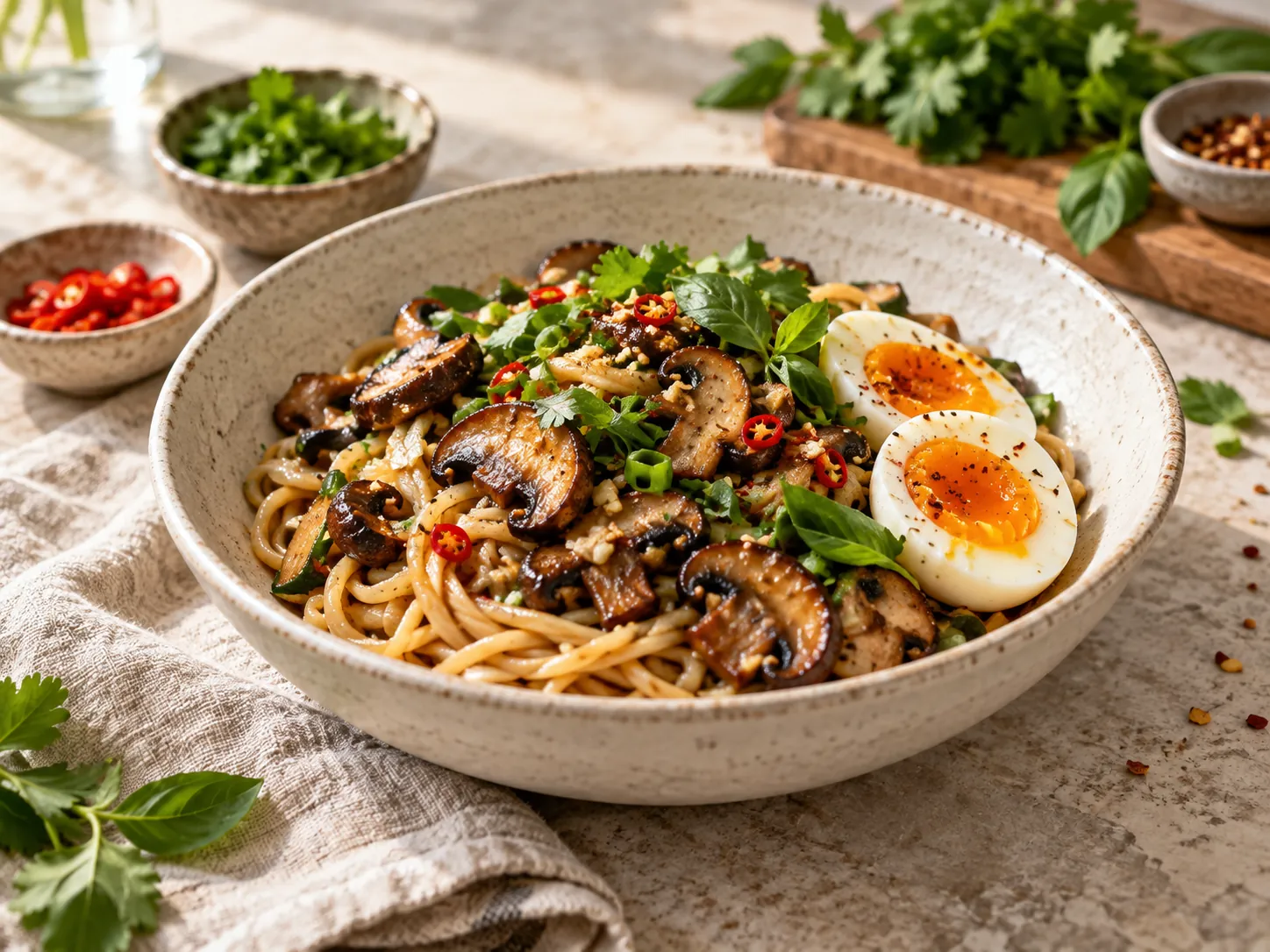 A bowl of noodles with garlic mushrooms, a soft-boiled egg and herbs.