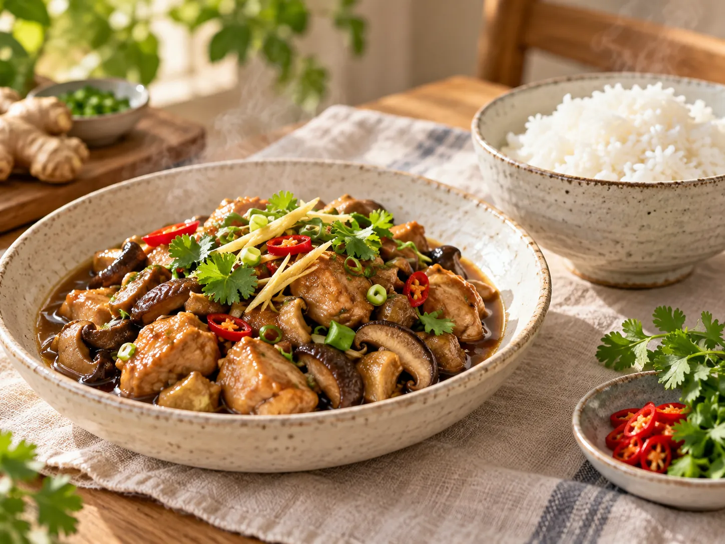 Ginger soy chicken and mushroom topping next to a bowl of steamed rice.
