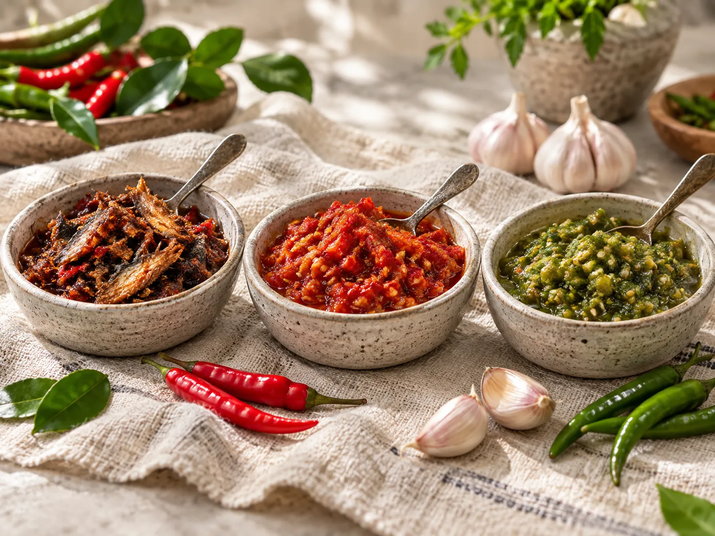 Three dishes of sambal: smoked fish, garlic chilli and green chilli.