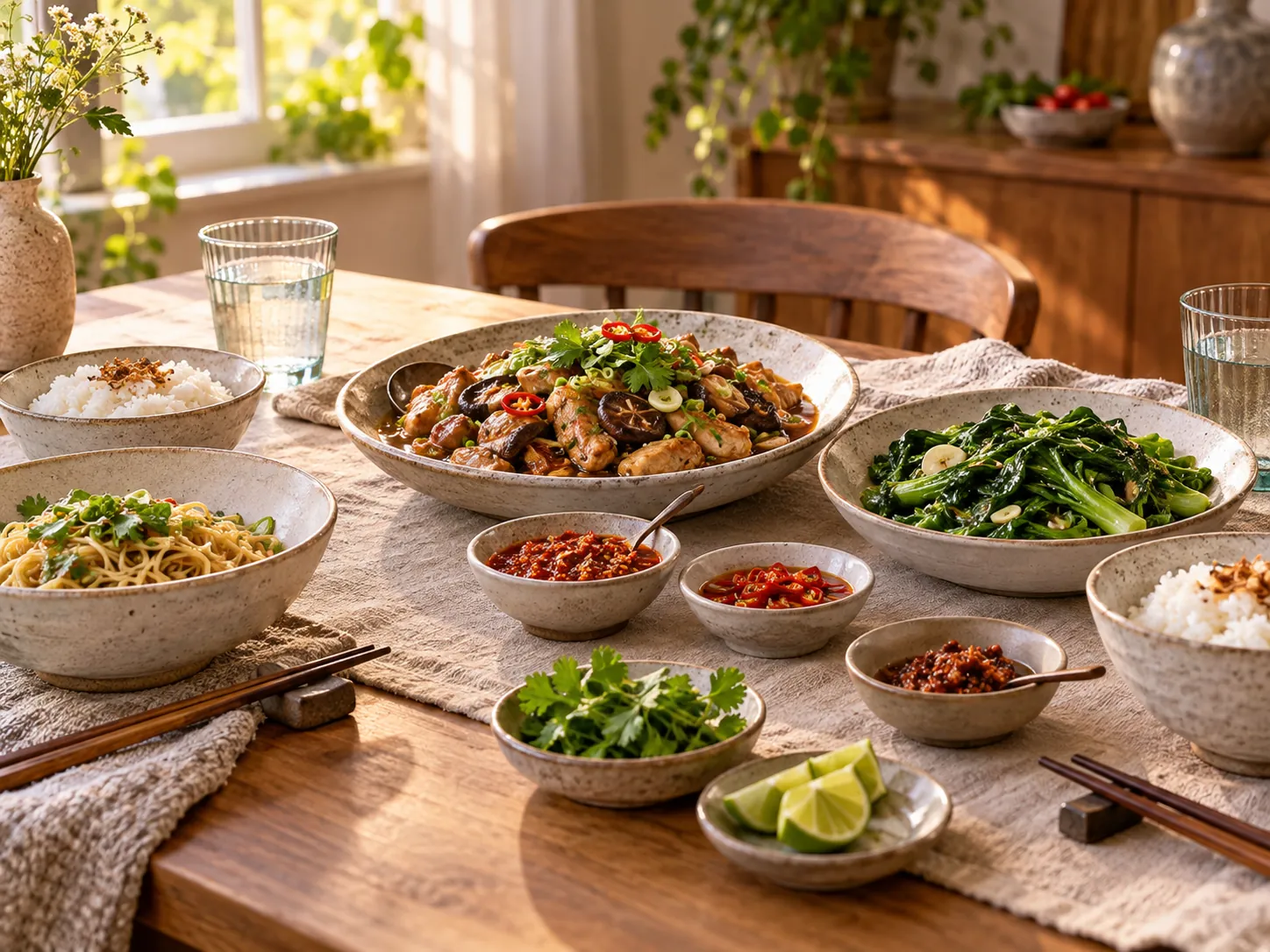 A home dining table with rice, noodles, a shared topping, greens and small dishes of sambal.